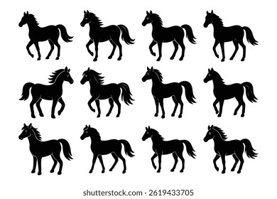 Black Horse Silhouette Set Bundle Collection Group Isolated On White Background