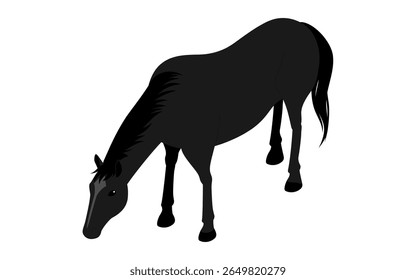 Um cavalo preto esticando o pescoço para comer grama no chão, Ilustração Vetorial