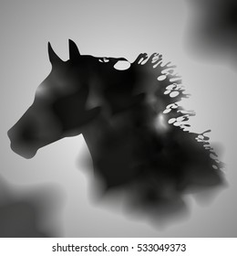 Black Horse watercolor.The effect of ink stains. Black ink. Black watercolor. Abstract background.Vector