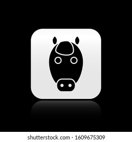 Black Horse zodiac sign icon isolated on black background. Astrological horoscope collection. Silver square button. Vector Illustration