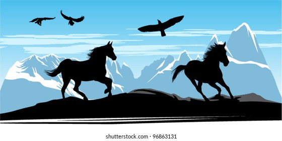 Black horses and eagles on the snow mountains background and black earth