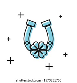 Black Horseshoe with four leaf clover icon isolated on white background. Happy Saint Patricks day.  Vector Illustration