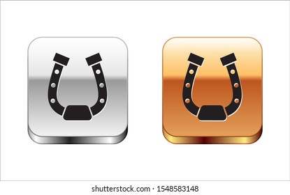 Black Horseshoe icon isolated on white background. Silver-gold square button. Vector Illustration
