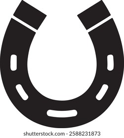 A black horseshoe icon on a white background, shaped in a classic "U" with rounded edges and small circular holes along its curve, symbolizing luck and protection in a simple, clean design.