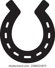 A black horseshoe icon on a white background, shaped in a classic "U" with rounded edges and small circular holes along its curve, symbolizing luck and protection in a simple, clean design.