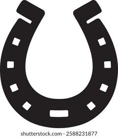 A black horseshoe icon on a white background, shaped in a classic "U" with rounded edges and small circular holes along its curve, symbolizing luck and protection in a simple, clean design.