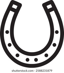 A black horseshoe icon on a white background, shaped in a classic "U" with rounded edges and small circular holes along its curve, symbolizing luck and protection in a simple, clean design.