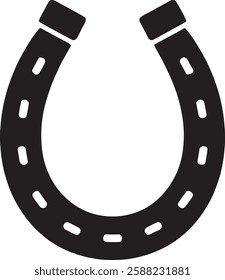 A black horseshoe icon on a white background, shaped in a classic "U" with rounded edges and small circular holes along its curve, symbolizing luck and protection in a simple, clean design.