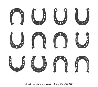 Black horseshoe icon set in different style and shape isolated on white background. Lucky horse shoe symbol silhouette collection, vector illustration.