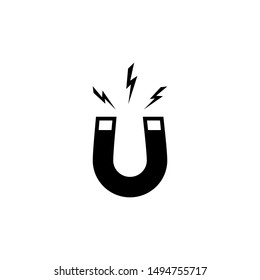 Black horseshoe magnet with magnetic power bolts on white background. u-shaped magnet icon. Magnetism, magnetize, attraction concept. Vector illustration