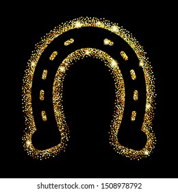 Black horseshoes on gold glitter. Hoof horse. Symbol luck. Vector illustration.
