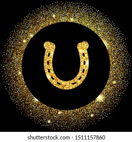 Black horseshoes on gold glitter. Hoof horse. Symbol luck. Vector illustration.