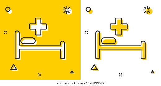 Black Hospital Bed with Medical symbol of the Emergency - Star of Life icon isolated on yellow and white background. Random dynamic shapes. Vector Illustration