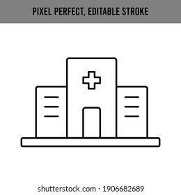  Black hospital icon. Simple vector illustration. Medical treatment. Health care. Isolated on a white background. Editable Stroke.