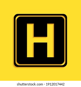 Black Hospital sign icon isolated on yellow background. Long shadow style. Vector.
