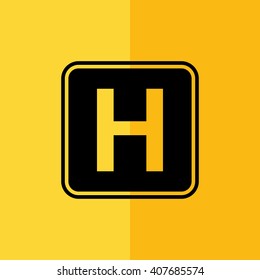 Black hospital sign vector icon. Yellow background