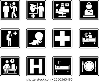 Sinais de hospital negro. Ícones vetoriais Doença infecciosa, Serviços médicos, Estação de enfermagem, Área de espera, Atendimento infantil, Departamento ambulatorial, Cirurgia, Internação, lanchonete e muito mais