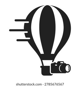 Black hot air balloon with camera taking photo in flight icon