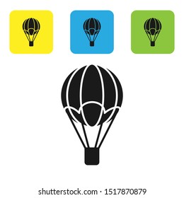 Black Hot air balloon icon isolated on white background. Air transport for travel. Set icons colorful square buttons. Vector Illustration