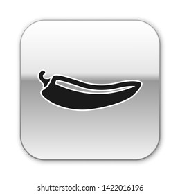 Black Hot chili pepper pod icon isolated on white background. Design for grocery, culinary products, seasoning and spice package, cooking book. Silver square button. Vector Illustration