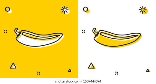 Black Hot chili pepper pod icon isolated on yellow and white background. Design for grocery, culinary products, seasoning and spice package, cooking book. Random dynamic shapes. Vector Illustration