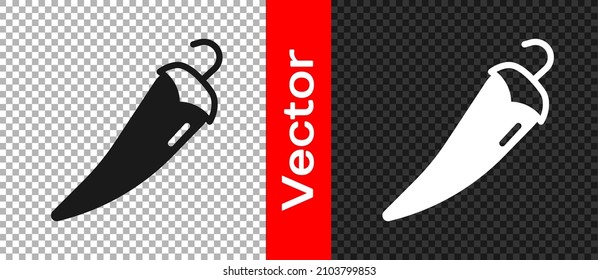 Black Hot chili pepper pod icon isolated on transparent background. Design for grocery, culinary products, seasoning and spice package, cooking book.  Vector