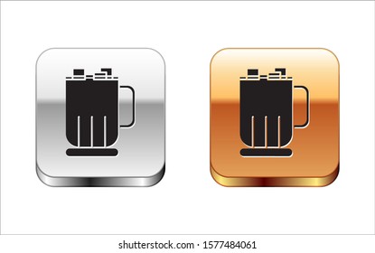 Black Hot chocolate cup with marshmallows icon isolated on white background. Merry Christmas and Happy New Year. Silver-gold square button. Vector Illustration
