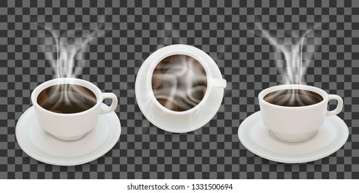 Black hot coffee, three Cup positions with saucer, isolated, realistic vector. EPS10