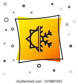 Black Hot and cold symbol. Sun and snowflake icon isolated on white background. Winter and summer symbol. Yellow square button. Vector Illustration