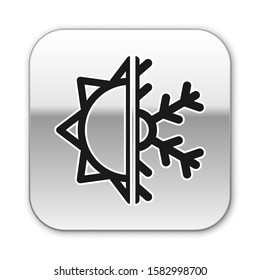 Black Hot and cold symbol. Sun and snowflake icon isolated on white background. Winter and summer symbol. Silver square button. Vector Illustration