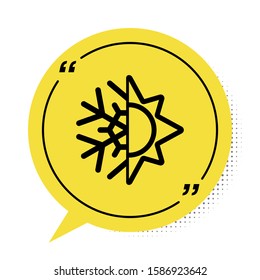 Black Hot and cold symbol. Sun and snowflake icon isolated on white background. Winter and summer symbol. Yellow speech bubble symbol. Vector Illustration