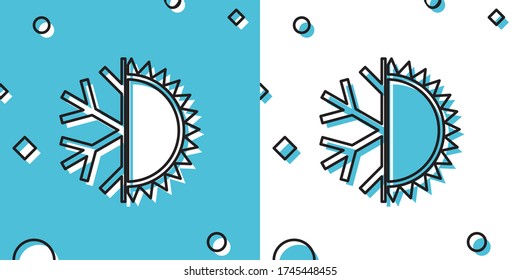 Black Hot and cold symbol. Sun and snowflake icon isolated on blue and white background. Winter and summer symbol. Random dynamic shapes. Vector Illustration