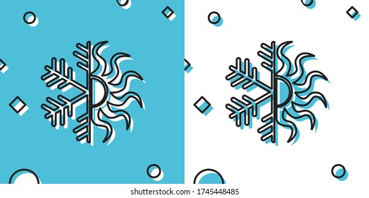 Símbolo negro caliente y frío. Icono de sol y copo de nieve aislado en fondo azul y blanco. Símbolo de invierno y verano. Formas dinámicas aleatorias. Ilustración vectorial