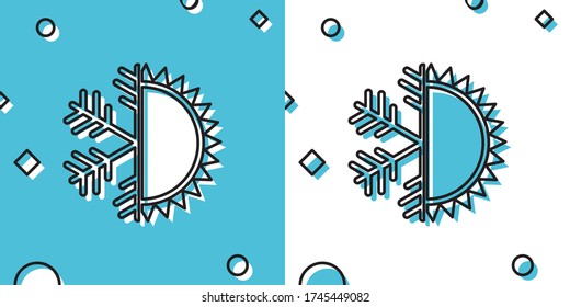 Símbolo negro caliente y frío. Icono de sol y copo de nieve aislado en fondo azul y blanco. Símbolo de invierno y verano. Formas dinámicas aleatorias. Ilustración vectorial