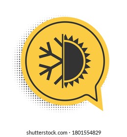 Black Hot and cold symbol. Sun and snowflake icon isolated on white background. Winter and summer symbol. Yellow speech bubble symbol. Vector.