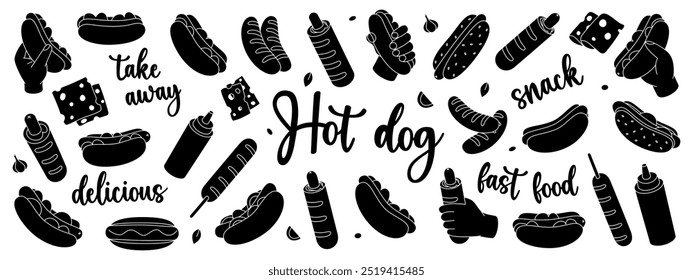 Black hot dogs set. Takeaway snack. American street fast food. Vector illustration.