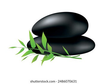 Black hot stones and bamboo vector illustration. Spa lava stones icon isolated on a white background. Hot stones for spa procedures graphic design element. Two black pebbles stacked drawing