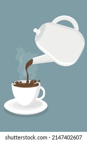 black hot tea is poured from the teapot into a white cup