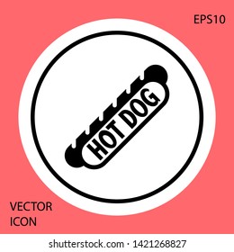 Black Hotdog sandwich icon isolated on red background. Sausage icon. Fast food sign. White circle button. Vector Illustration