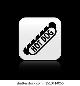 Black Hotdog sandwich icon isolated on black background. Sausage icon. Fast food sign. Silver square button. Vector Illustration