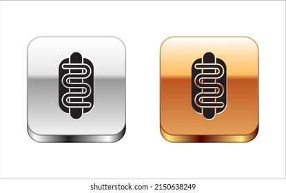 Black Hotdog sandwich icon isolated on white background. Sausage icon. Fast food sign. Silver and gold square buttons. Vector
