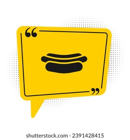 Black Hotdog sandwich icon isolated on white background. Sausage icon. Fast food sign. Yellow speech bubble symbol. Vector Illustration