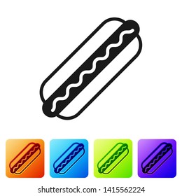 Black Hotdog sandwich with mustard icon isolated on white background. Sausage icon. Fast food sign. Set icon in color square buttons. Vector Illustration