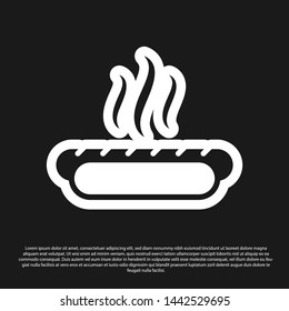 Black Hotdog sandwich with mustard icon isolated on black background. Sausage icon. Fast food sign. Vector Illustration