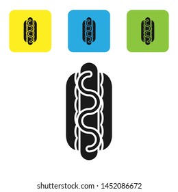 Black Hotdog sandwich with mustard icon isolated on white background. Sausage icon. Street fast food menu. Set icons colorful square buttons. Vector Illustration