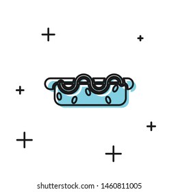 Black Hotdog sandwich with mustard icon isolated on white background. Sausage icon. Street fast food menu.  Vector Illustration