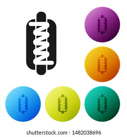 Black Hotdog sandwich with mustard icon isolated on white background. Sausage icon. Fast food sign. Set icons colorful circle buttons. Vector Illustration