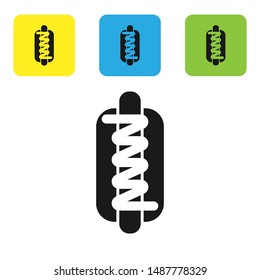 Black Hotdog sandwich with mustard icon isolated on white background. Sausage icon. Fast food sign. Set icons colorful square buttons. Vector Illustration