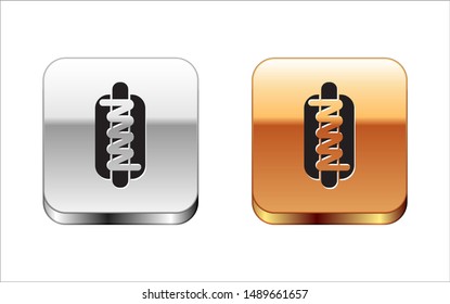 Black Hotdog sandwich with mustard icon isolated on white background. Sausage icon. Fast food sign. Silver-gold square button. Vector Illustration