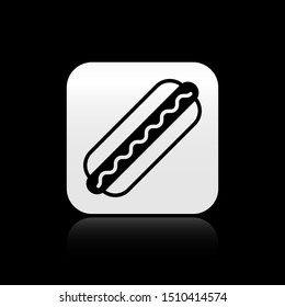 Black Hotdog sandwich with mustard icon isolated on black background. Sausage icon. Fast food sign. Silver square button. Vector Illustration